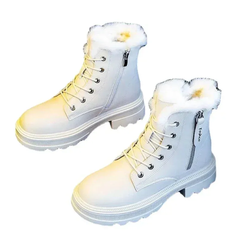 2024 Women's Winter Snow Boots – Plush Lined, Thickened Warm Mid-Calf Boots, Black and White Flat Shoes, Zapatos Mujer