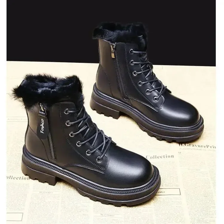 2024 Women's Winter Snow Boots – Plush Lined, Thickened Warm Mid-Calf Boots, Black and White Flat Shoes, Zapatos Mujer