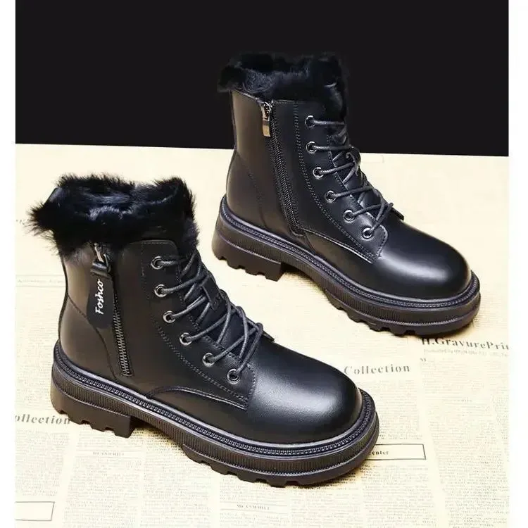 2024 Women's Winter Snow Boots – Plush Lined, Thickened Warm Mid-Calf Boots, Black and White Flat Shoes, Zapatos Mujer