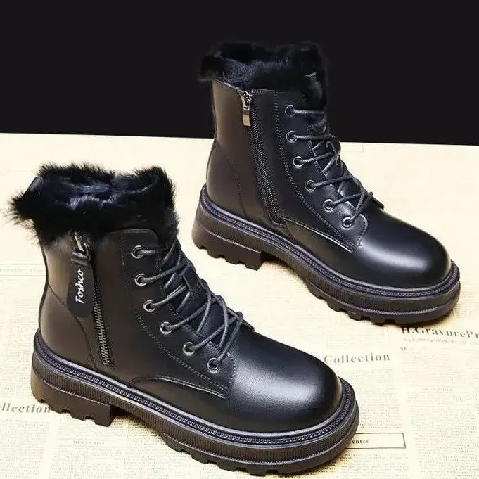 2024 Women's Winter Snow Boots – Plush Lined, Thickened Warm Mid-Calf Boots, Black and White Flat Shoes, Zapatos Mujer