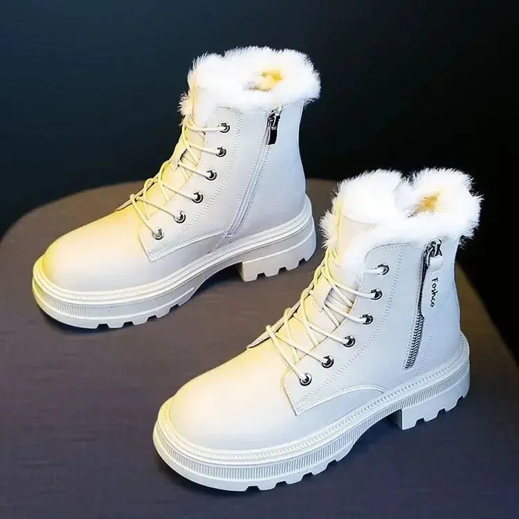2024 Women's Winter Snow Boots – Plush Lined, Thickened Warm Mid-Calf Boots, Black and White Flat Shoes, Zapatos Mujer