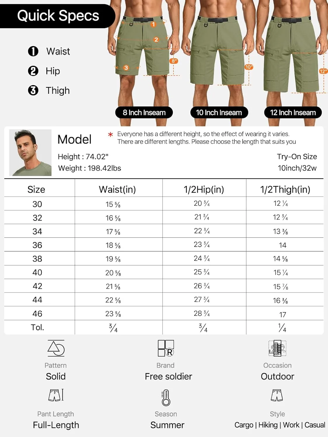 FREE SOLDIER Men's Cargo Hiking Shorts with Belt Lightweight Quick Dry Tactical Shorts with Pockets for Casual Work Golf
