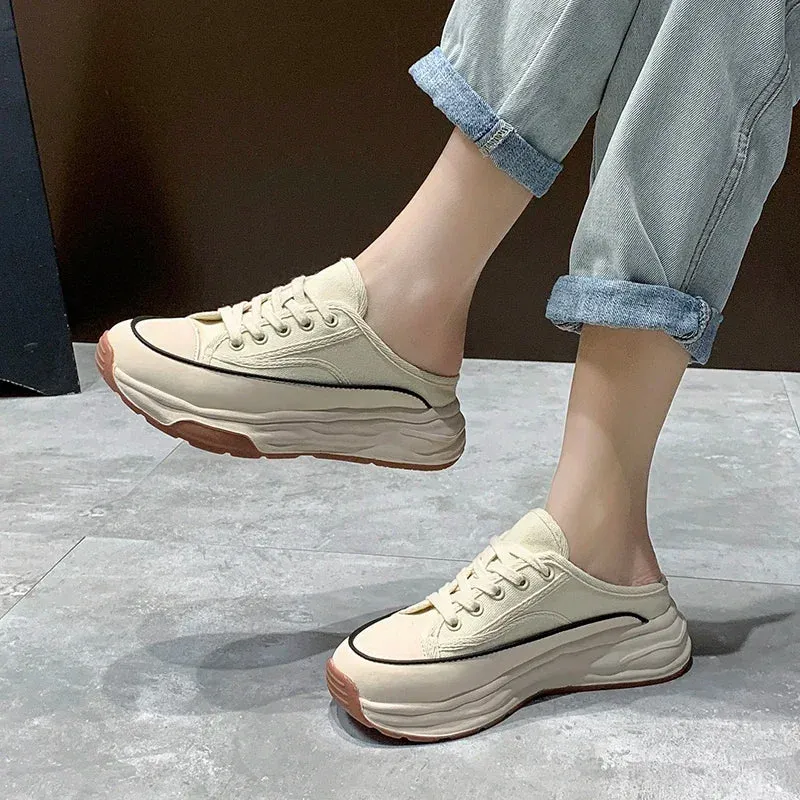 Hnzxzm Ladies Slippers Wear Resistant Non-slip 2024 Spring Versatile Casual Comfortable Lace-Up Canvas Platform Woman's Slippers