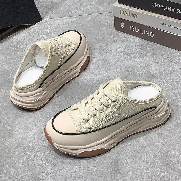 Hnzxzm Ladies Slippers Wear Resistant Non-slip 2024 Spring Versatile Casual Comfortable Lace-Up Canvas Platform Woman's Slippers