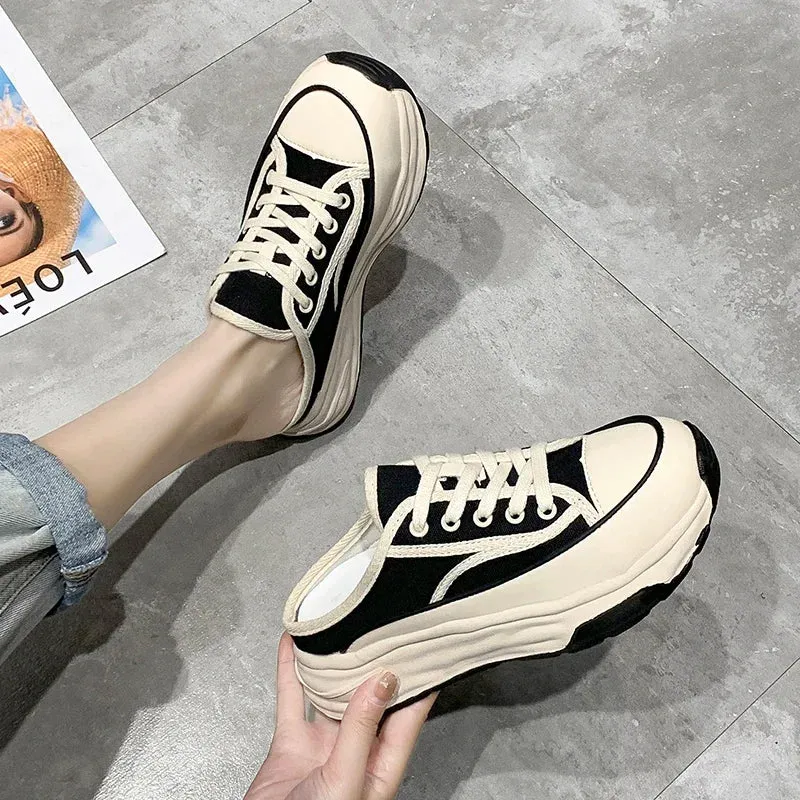 Hnzxzm Ladies Slippers Wear Resistant Non-slip 2024 Spring Versatile Casual Comfortable Lace-Up Canvas Platform Woman's Slippers
