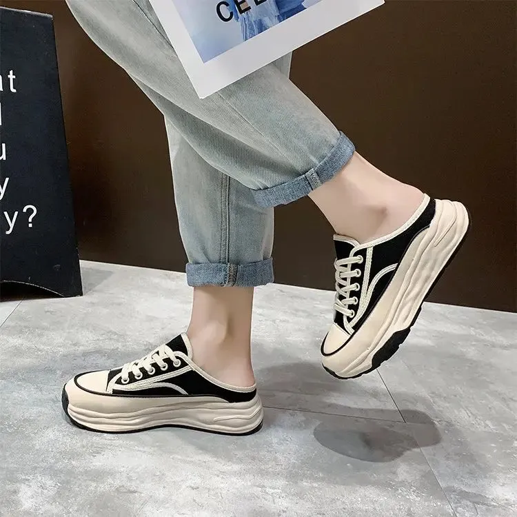 Hnzxzm Ladies Slippers Wear Resistant Non-slip 2024 Spring Versatile Casual Comfortable Lace-Up Canvas Platform Woman's Slippers