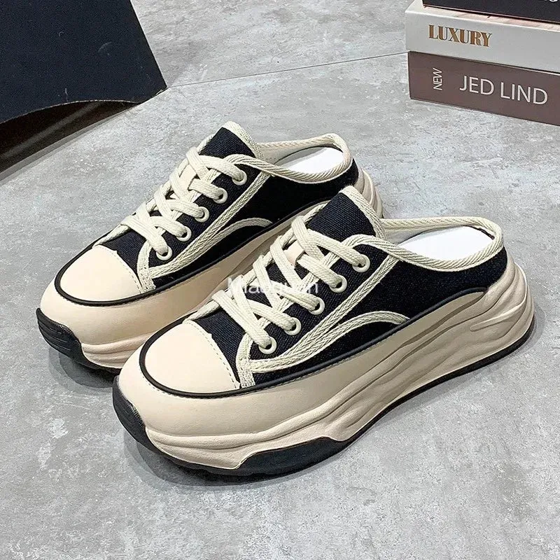Hnzxzm Ladies Slippers Wear Resistant Non-slip 2024 Spring Versatile Casual Comfortable Lace-Up Canvas Platform Woman's Slippers