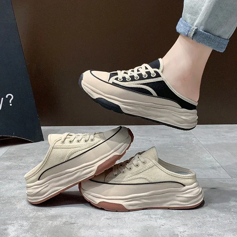 Hnzxzm Ladies Slippers Wear Resistant Non-slip 2024 Spring Versatile Casual Comfortable Lace-Up Canvas Platform Woman's Slippers