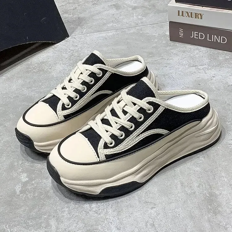 Hnzxzm Ladies Slippers Wear Resistant Non-slip 2024 Spring Versatile Casual Comfortable Lace-Up Canvas Platform Woman's Slippers