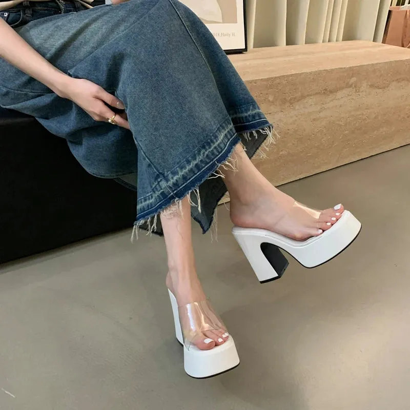 Hnzxzm White High Heel Slippers PVC Transparent Platform Gladiator Shoes Summer Chunky Heeled Sandals Leisure Ladies Slippers Silver