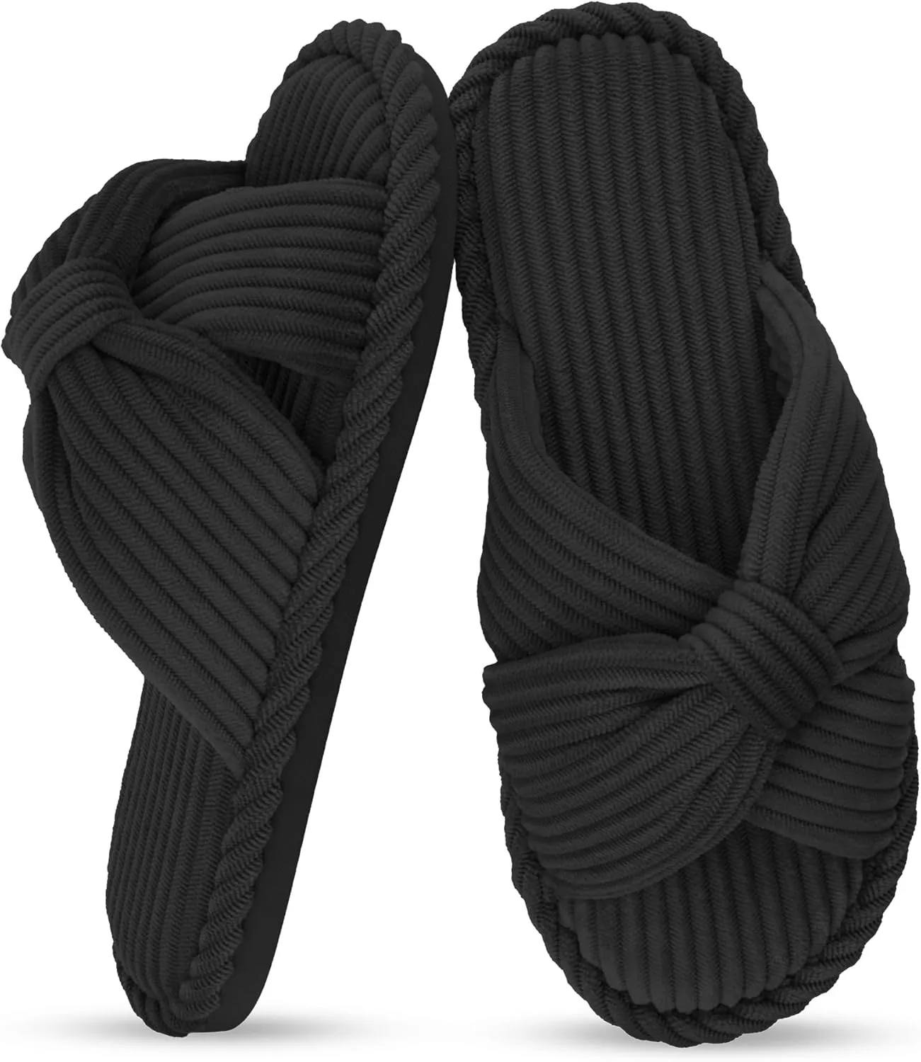 IPSAE Summer House Slippers for Woman Memory Foam Open Toe Slippers Corduroy Cross Bow Womens Slipper Slides Comfy Indoor Bedroom Slip On Shoes
