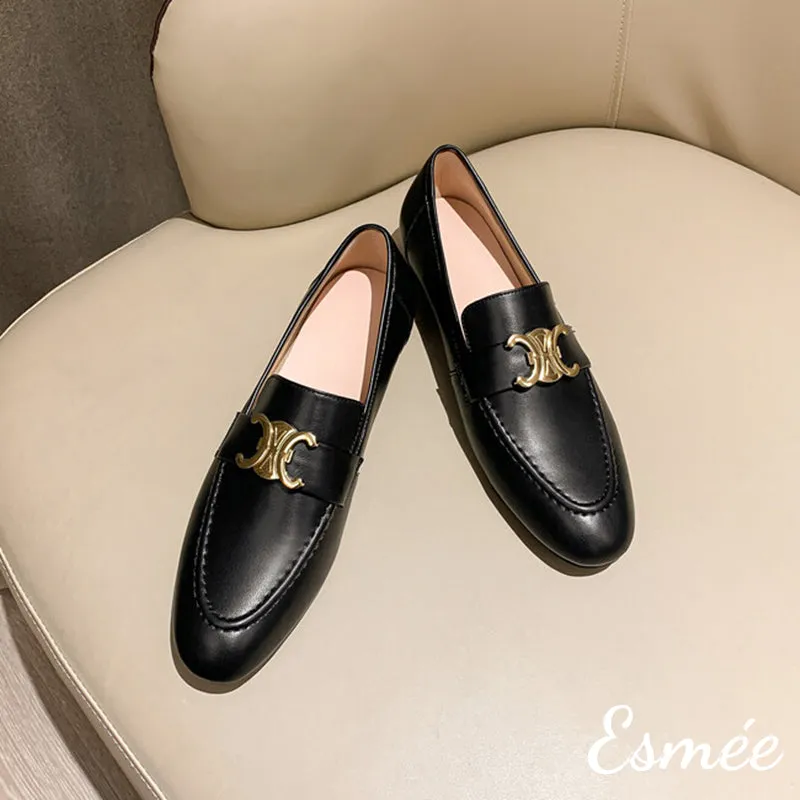 Leather Loafers with X Metal Buckle
