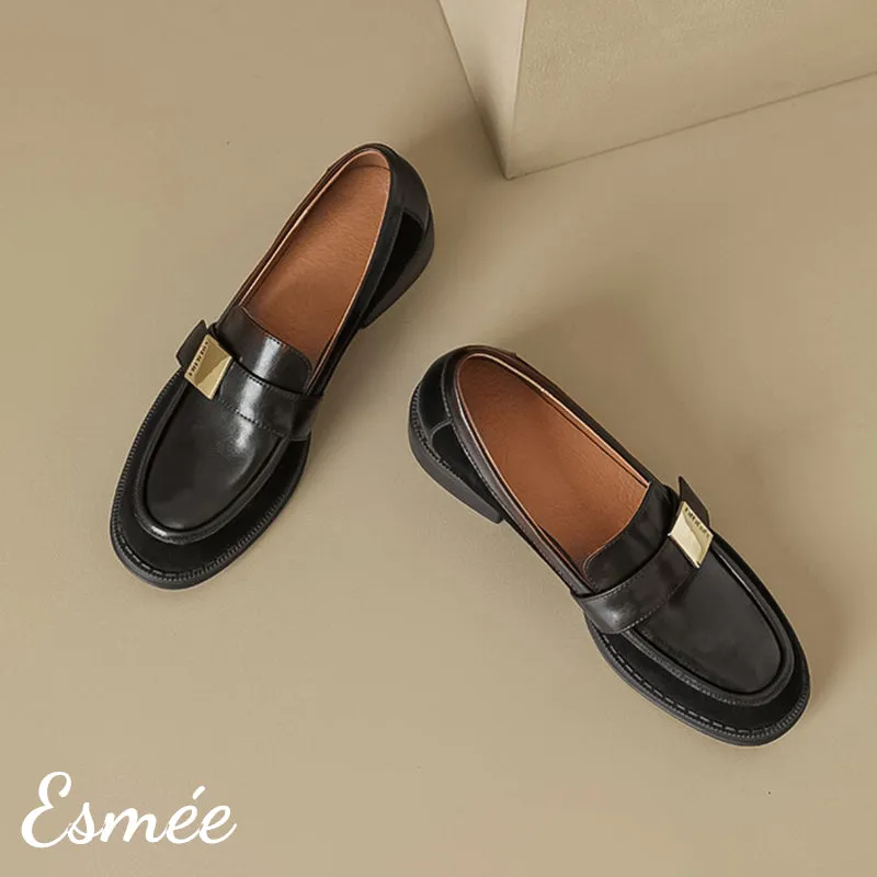 Leather Suede Loafers with Metal Buckle Design