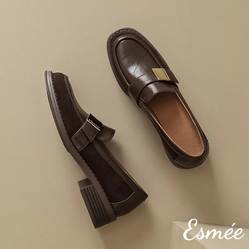 Leather Suede Loafers with Metal Buckle Design