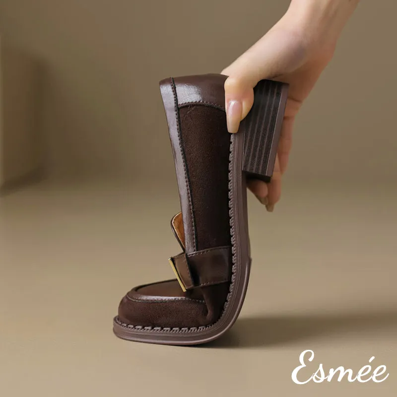 Leather Suede Loafers with Metal Buckle Design