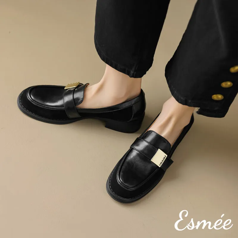 Leather Suede Loafers with Metal Buckle Design