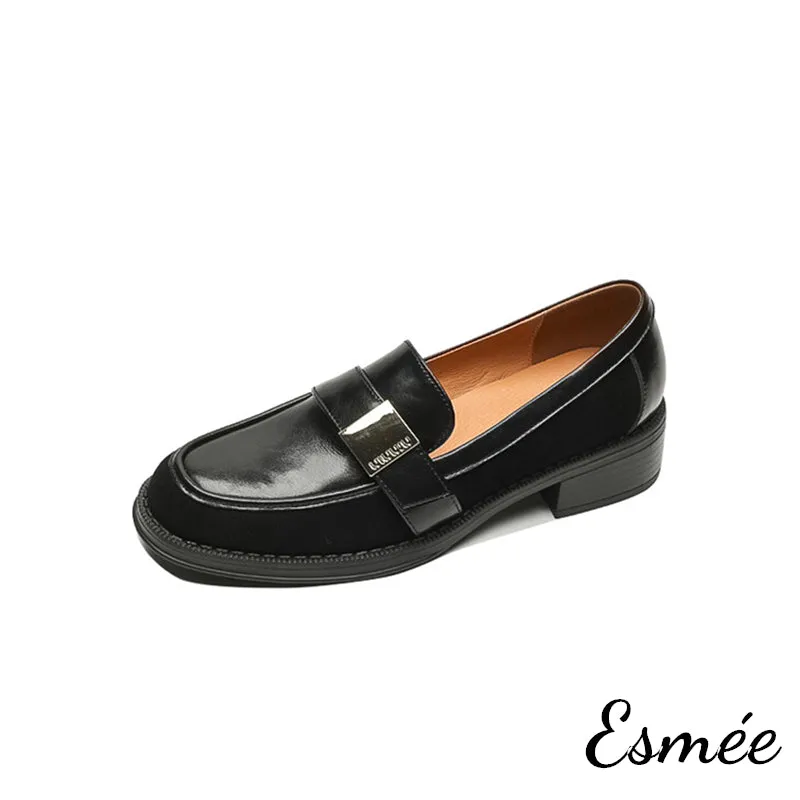 Leather Suede Loafers with Metal Buckle Design