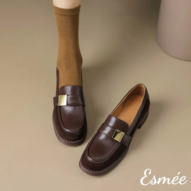 Leather Suede Loafers with Metal Buckle Design