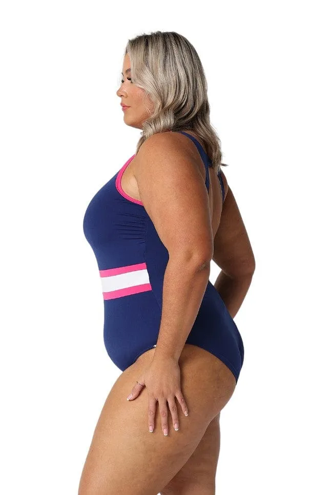 Luxe Sport Chlorine Resistant Sleeveless Navy/Pink Zip Up One Piece