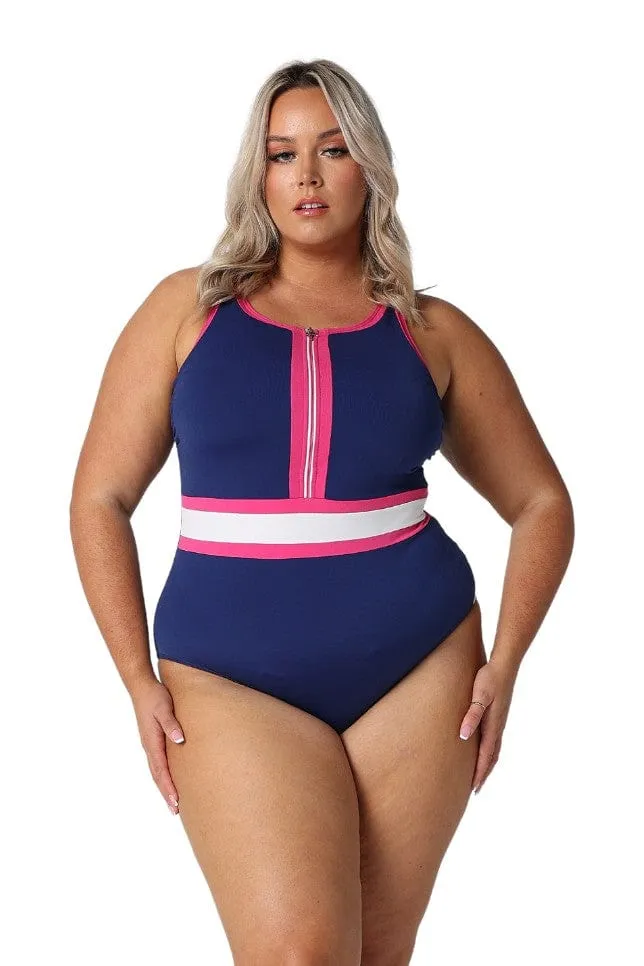 Luxe Sport Chlorine Resistant Sleeveless Navy/Pink Zip Up One Piece