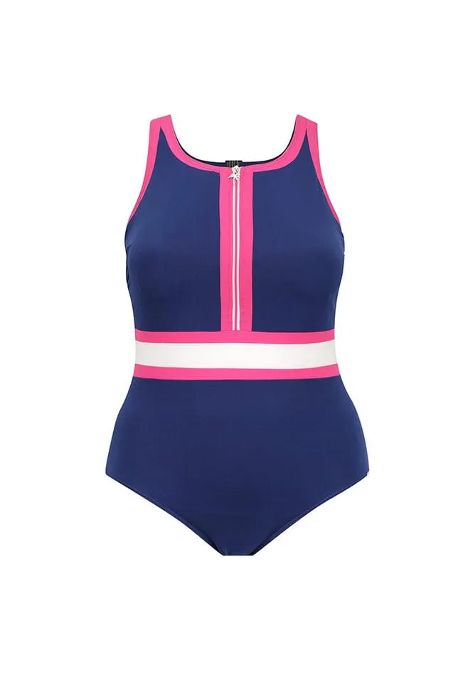 Luxe Sport Chlorine Resistant Sleeveless Navy/Pink Zip Up One Piece
