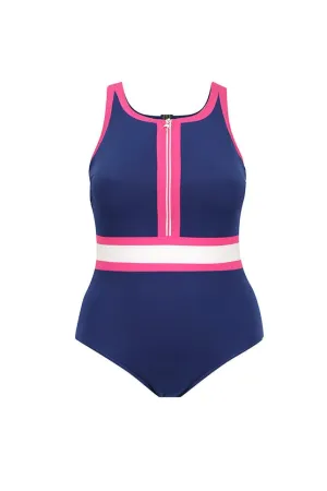 Luxe Sport Chlorine Resistant Sleeveless Navy/Pink Zip Up One Piece