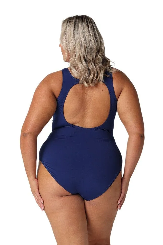 Luxe Sport Chlorine Resistant Sleeveless Navy/Pink Zip Up One Piece