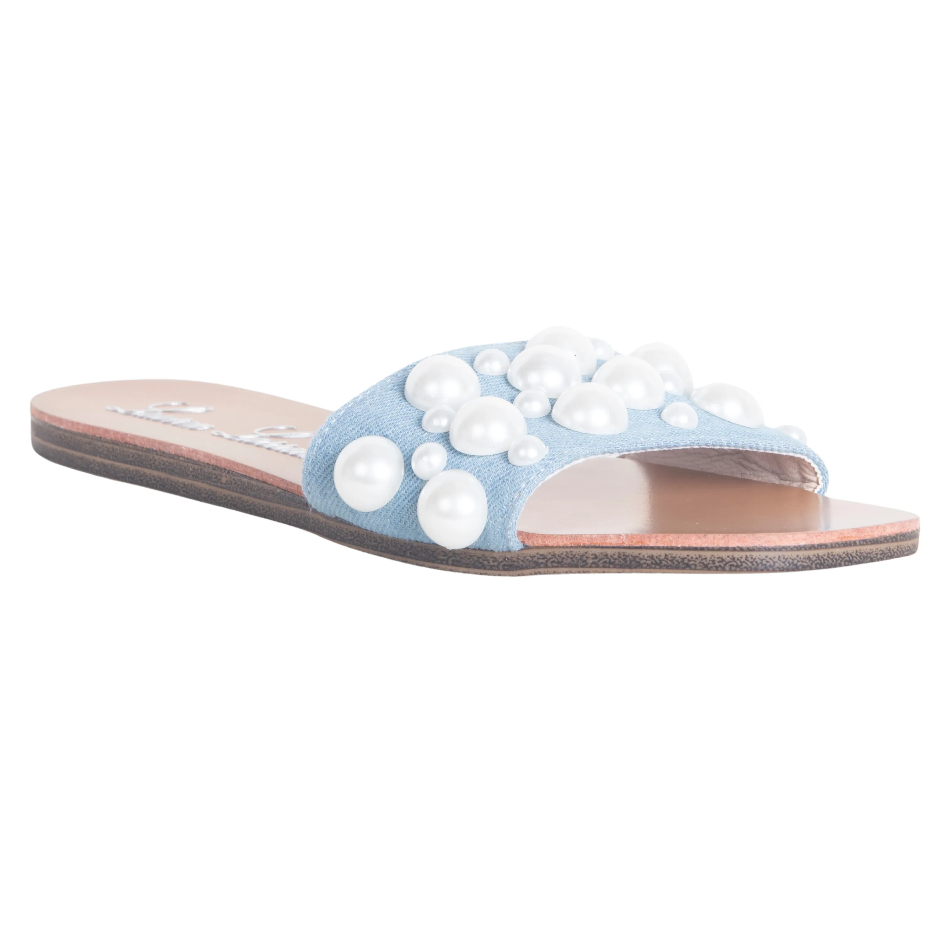 NILO SPARKLING SLIDE ON FLAT SANDAL WITH PEARL DETAILING
