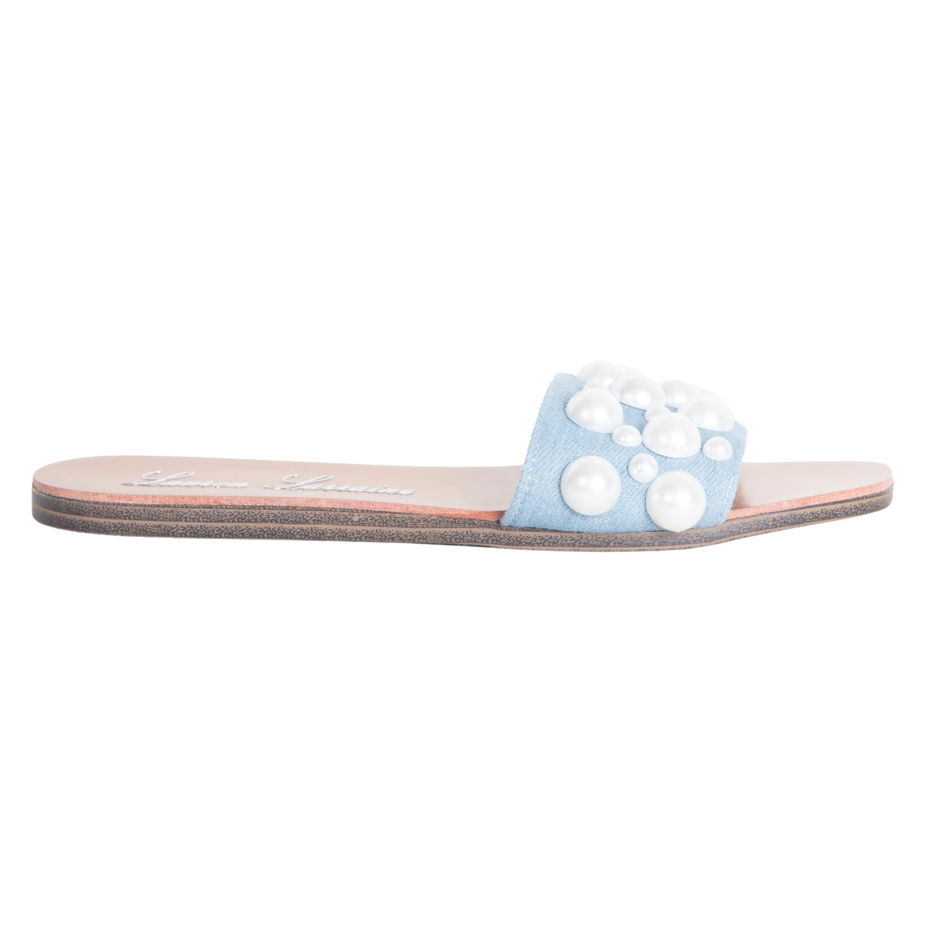 NILO SPARKLING SLIDE ON FLAT SANDAL WITH PEARL DETAILING