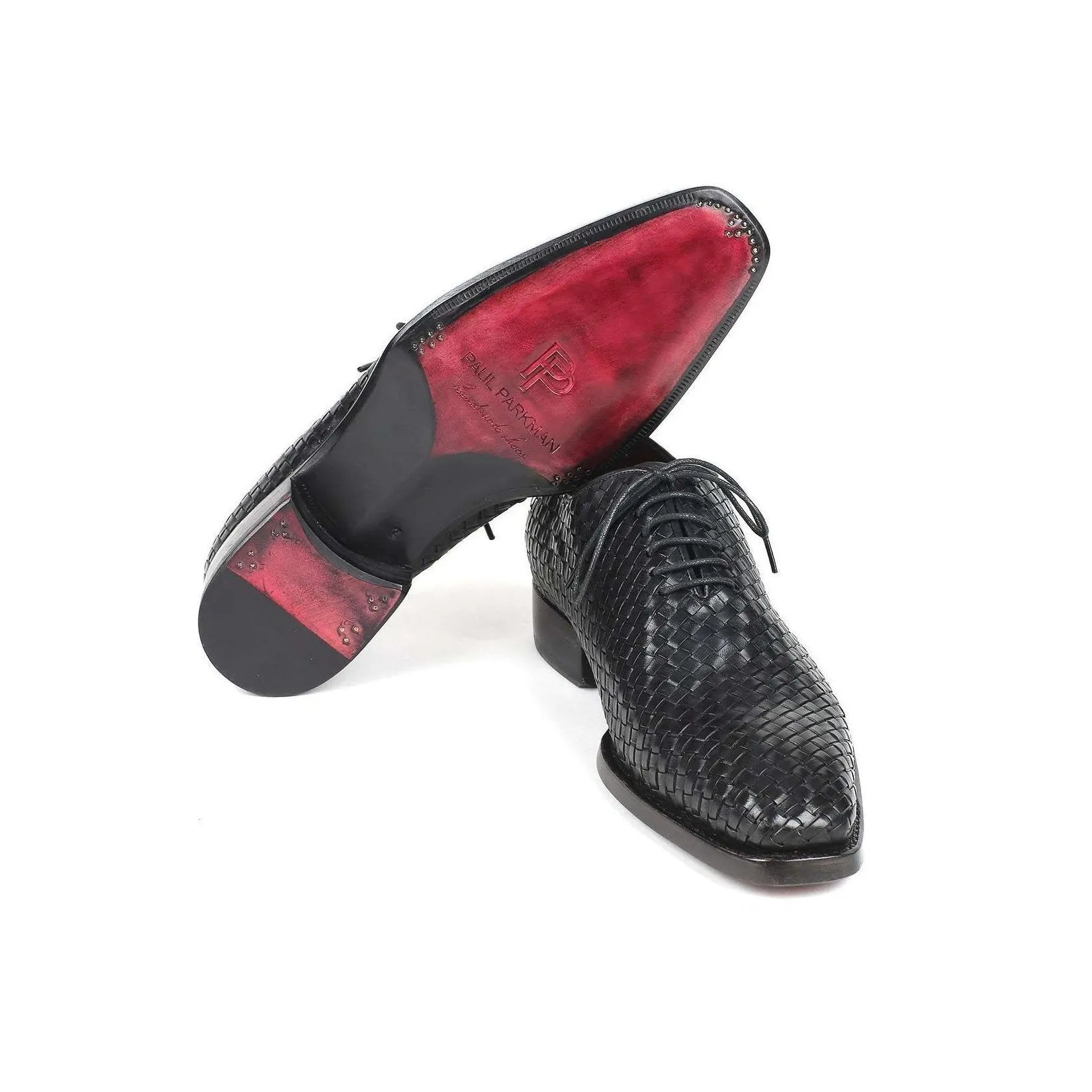 Paul Parkman Handmade Designer Shoes Men's Black Woven Calf-skin Leather Oxfords 044WN86 (PM5910)