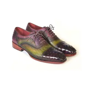 Paul Parkman Handmade Designer Shoes Men's Handmade Designer Shoes Genuine Ostrich Captoe Green / Purple Oxfords (PM4019)