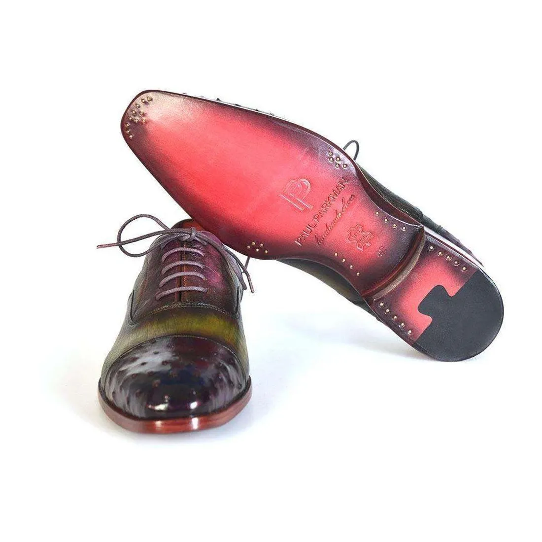 Paul Parkman Handmade Designer Shoes Men's Handmade Designer Shoes Genuine Ostrich Captoe Green / Purple Oxfords (PM4019)