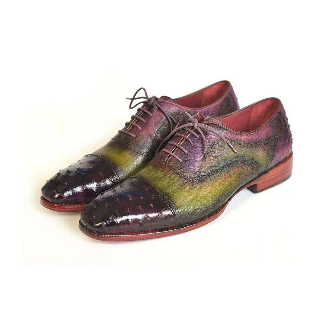 Paul Parkman Handmade Designer Shoes Men's Handmade Designer Shoes Genuine Ostrich Captoe Green / Purple Oxfords (PM4019)