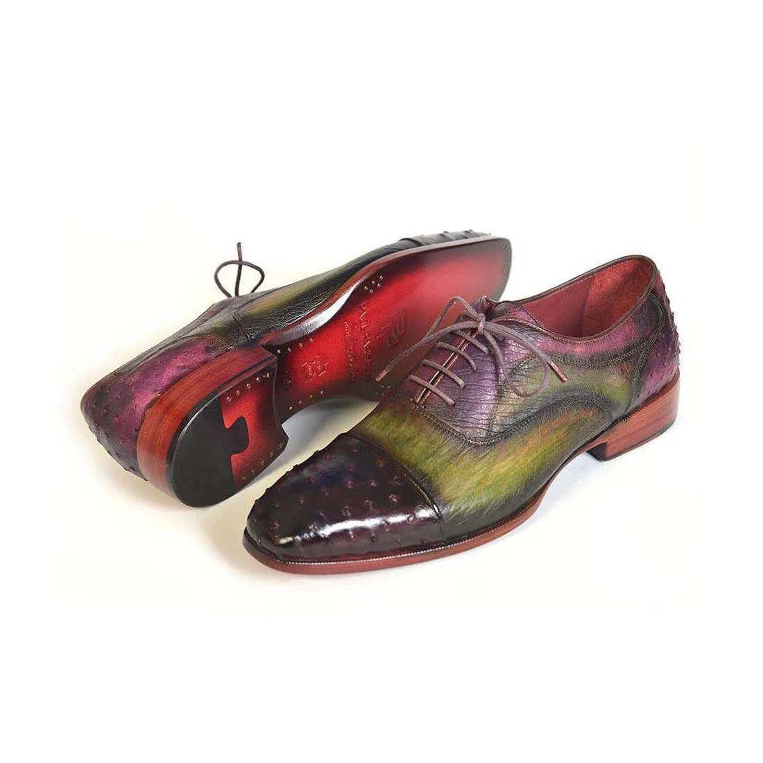 Paul Parkman Handmade Designer Shoes Men's Handmade Designer Shoes Genuine Ostrich Captoe Green / Purple Oxfords (PM4019)