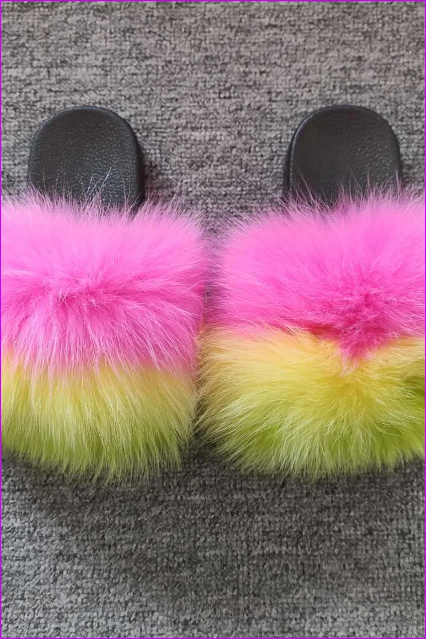 Pink Yellow Green Kids Fluffy Slides #1 F923