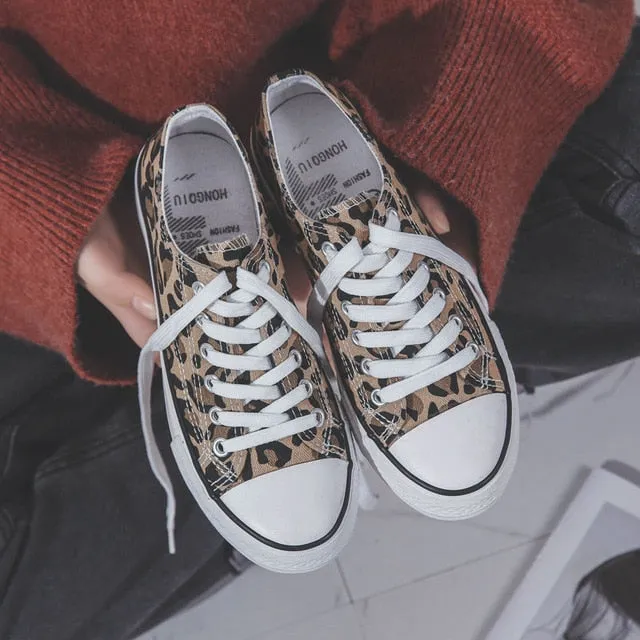 Ulzzang Leopard High-top Canvas Shoes Harajuku Sneakers Fashion New Lace-up Flat Shoes Women Classic Streetwear Wild Zapatos