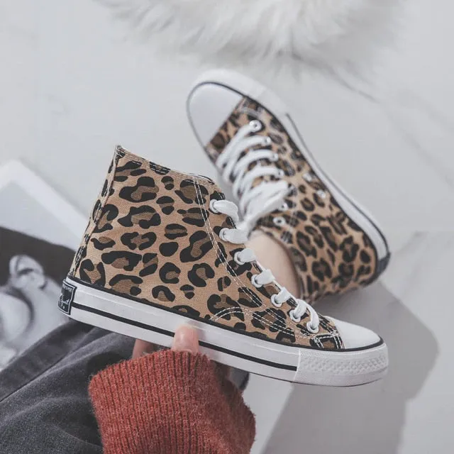 Ulzzang Leopard High-top Canvas Shoes Harajuku Sneakers Fashion New Lace-up Flat Shoes Women Classic Streetwear Wild Zapatos