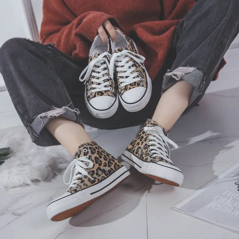 Ulzzang Leopard High-top Canvas Shoes Harajuku Sneakers Fashion New Lace-up Flat Shoes Women Classic Streetwear Wild Zapatos