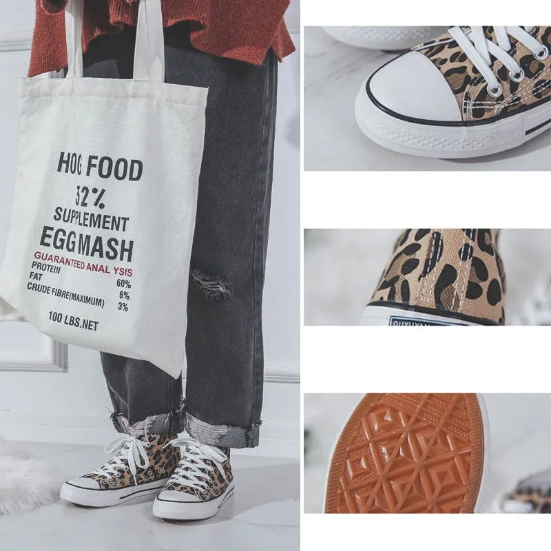 Ulzzang Leopard High-top Canvas Shoes Harajuku Sneakers Fashion New Lace-up Flat Shoes Women Classic Streetwear Wild Zapatos