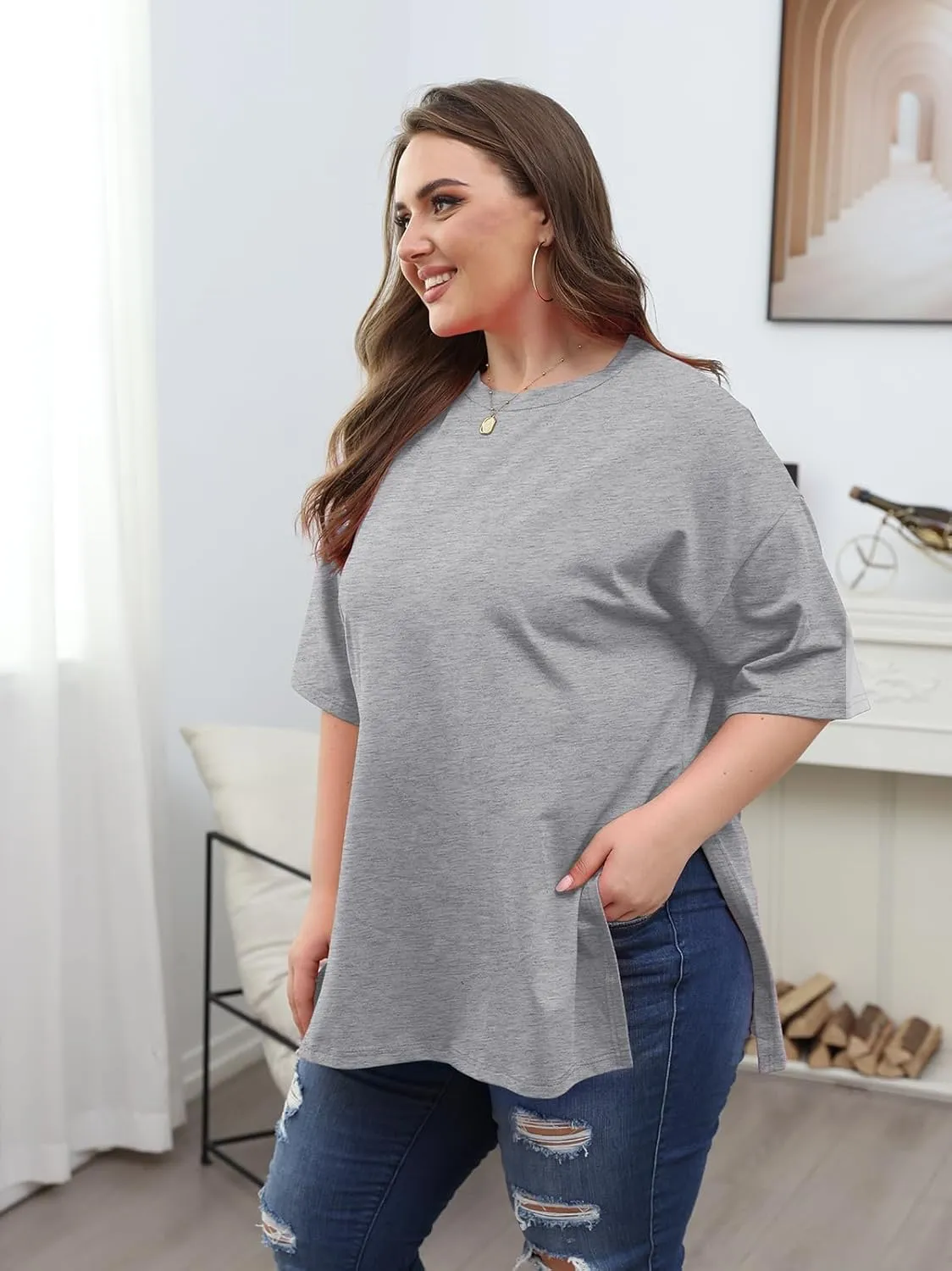 VNIRA Plus Size T Shirt for Women Oversized Cotton Short Sleeve Workout Top Loose Fit Side Split Casual Basic Tunic Top
