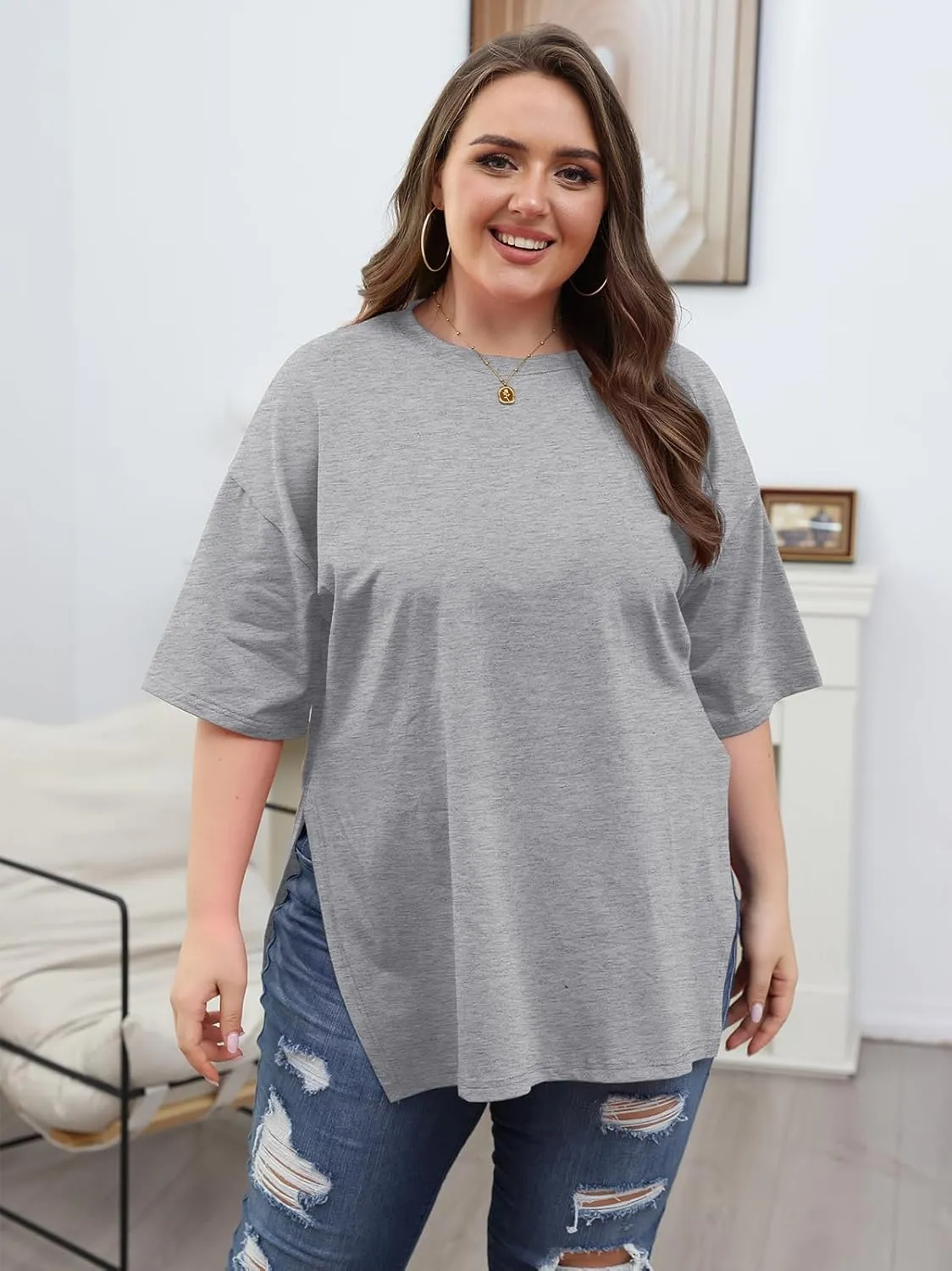 VNIRA Plus Size T Shirt for Women Oversized Cotton Short Sleeve Workout Top Loose Fit Side Split Casual Basic Tunic Top