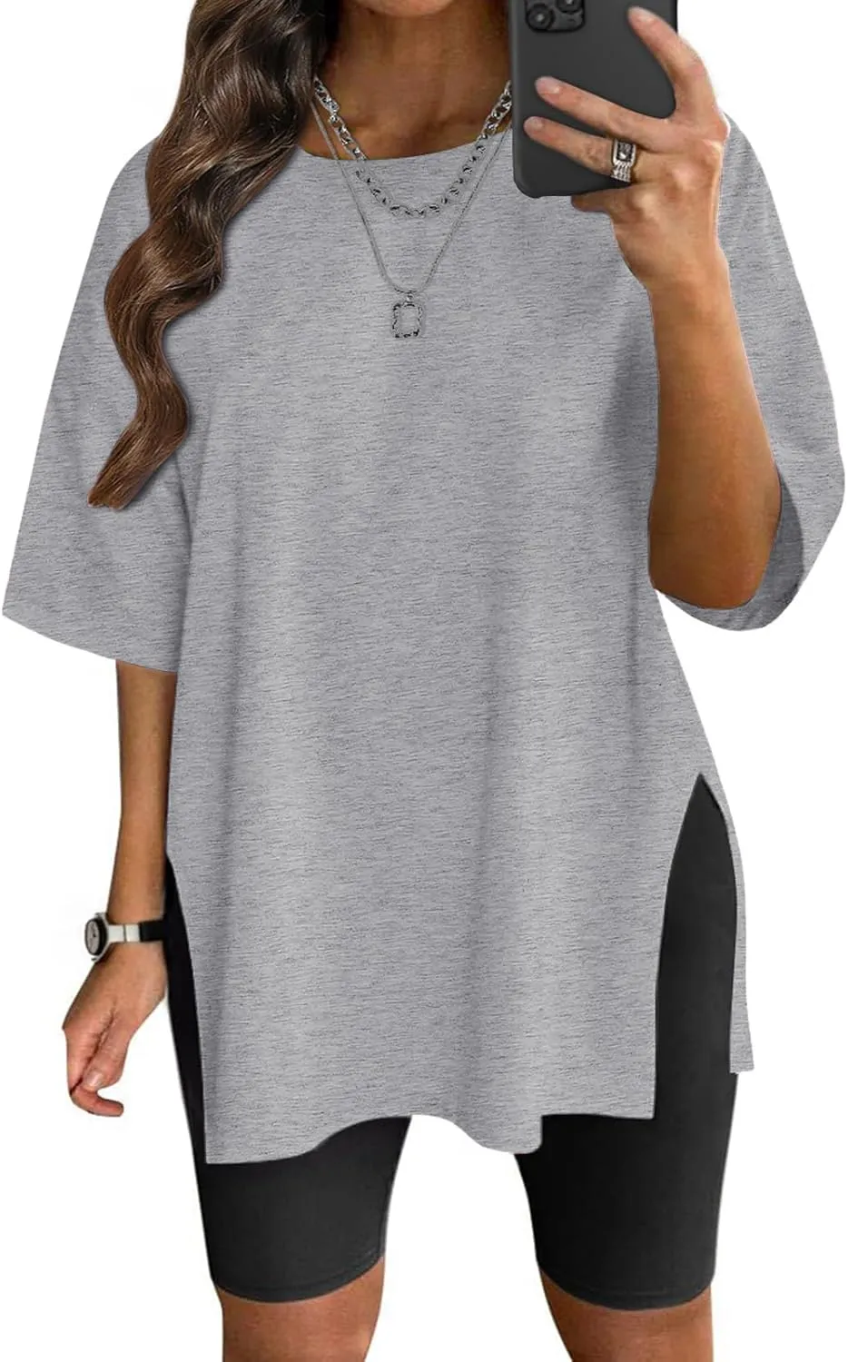 VNIRA Plus Size T Shirt for Women Oversized Cotton Short Sleeve Workout Top Loose Fit Side Split Casual Basic Tunic Top