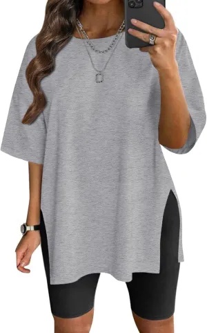 VNIRA Plus Size T Shirt for Women Oversized Cotton Short Sleeve Workout Top Loose Fit Side Split Casual Basic Tunic Top