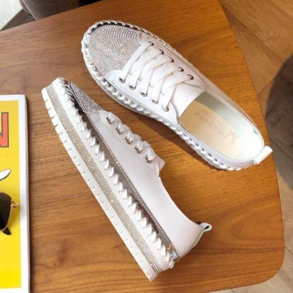 Women glitter rhinestone color block lace up stitching platform sneakers