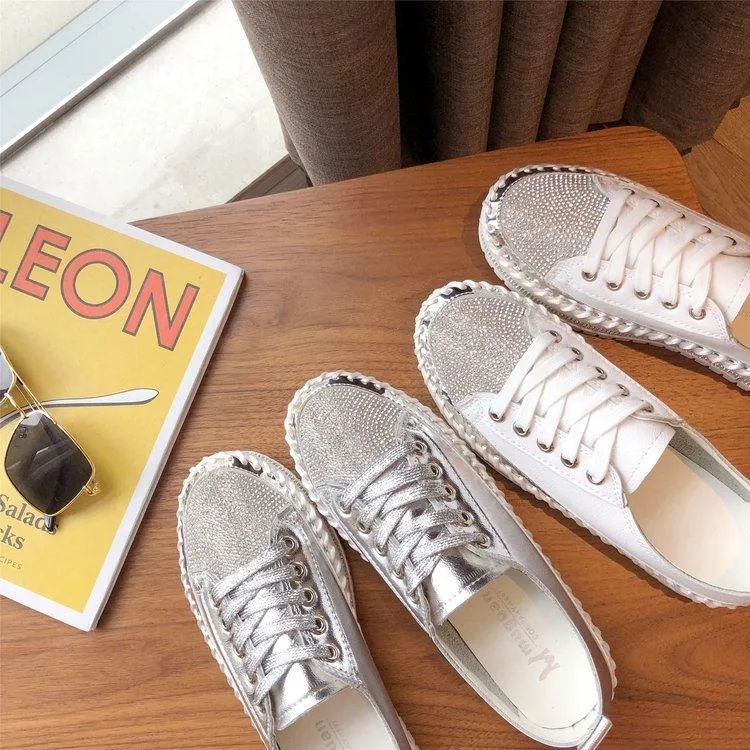 Women glitter rhinestone color block lace up stitching platform sneakers