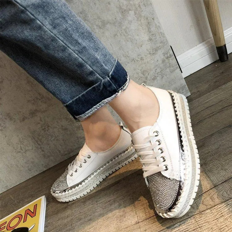 Women glitter rhinestone color block lace up stitching platform sneakers